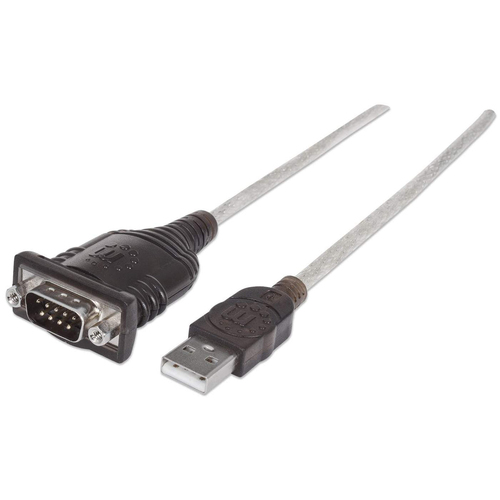 Manhattan USB-A to Serial Converter cable, 45cm, Male to Male, Serial/RS232/COM/DB9, Prolific PL-2303RA Chip, Black/Silver cable, Three Year Warranty, Equivalent to ICUSB232V2. view 1