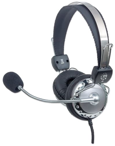 Manhattan Stereo Over-Ear Headset (3.5mm), Microphone Boom (padded), Adjustable Steel Headband, In-Line Volume Control, Ear Cushions, Std 2x 3.5mm stereo jack/plug for audio/mic use, cable 2.5m, 3 Year Warranty — 175517