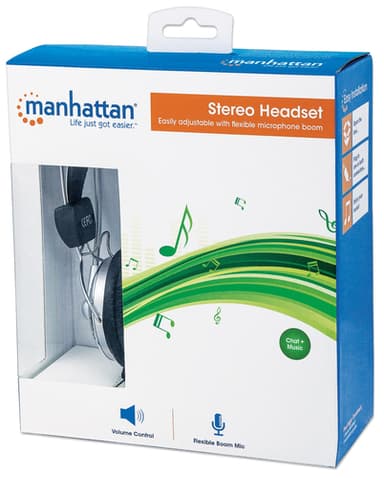 Manhattan Stereo Over-Ear Headset (3.5mm), Microphone Boom (padded), Adjustable Steel Headband, In-Line Volume Control, Ear Cushions, Std 2x 3.5mm stereo jack/plug for audio/mic use, cable 2.5m, 3 Year Warranty — 175517 view 3