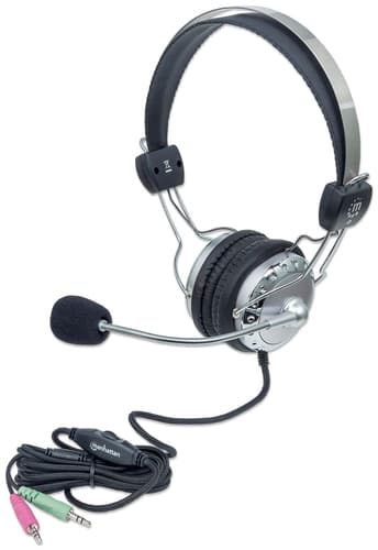 Manhattan Stereo Over-Ear Headset (3.5mm), Microphone Boom (padded), Adjustable Steel Headband, In-Line Volume Control, Ear Cushions, Std 2x 3.5mm stereo jack/plug for audio/mic use, cable 2.5m, 3 Year Warranty — 175517 view 1