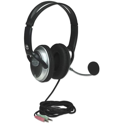 Manhattan Stereo Over-Ear Headset (3.5mm), Microphone Boom (padded), Adjustable Steel Headband, In-Line Volume Control, Ear Cushions, Std 2x 3.5mm stereo jack/plug for audio/mic use, cable 2.5m, 3 Year Warranty — 175555