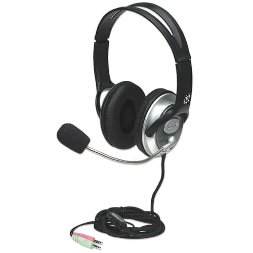 Manhattan Stereo Over-Ear Headset (3.5mm), Microphone Boom (padded), Adjustable Steel Headband, In-Line Volume Control, Ear Cushions, Std 2x 3.5mm stereo jack/plug for audio/mic use, cable 2.5m, 3 Year Warranty — 175555