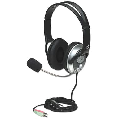 Manhattan Stereo Over-Ear Headset (3.5mm), Microphone Boom (padded), Adjustable Steel Headband, In-Line Volume Control, Ear Cushions, Std 2x 3.5mm stereo jack/plug for audio/mic use, cable 2.5m, 3 Year Warranty — 175555 view 1