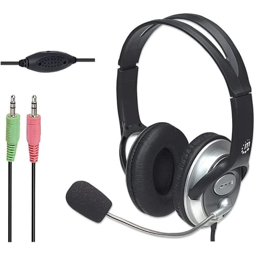 Manhattan Stereo Over-Ear Headset (3.5mm), Microphone Boom (padded), Adjustable Steel Headband, In-Line Volume Control, Ear Cushions, Std 2x 3.5mm stereo jack/plug for audio/mic use, cable 2.5m, 3 Year Warranty — 175555