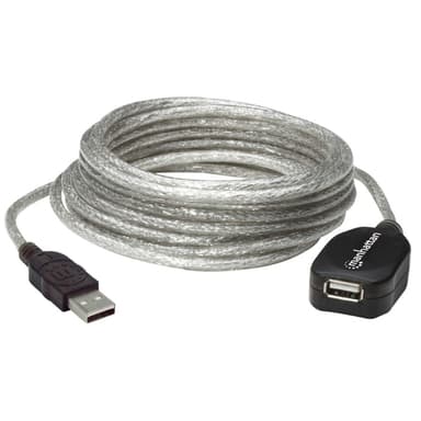 Manhattan USB-A to USB-A Extension Cable, 5m, Male to Female, Active, Translucent Silver, 480 Mbps (USB 2.0), Daisy-Chainable, Built In Repeater, Hi-Speed USB, Three Year Warranty, Equivalent to USB2AAEXT5M (except colour). view 1