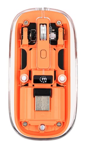 Manhattan Transparent Rechargeable Wireless Mouse, Clear/Orange, Adjustable 800/1200/1600dpi, With RGB LED light, 2.4Ghz (effective range up to 10m), USB, Optical, Ambidextrous, Four Button with Scroll Wheel, Slim Design, USB-A micro receiver, Lithium Ion battery view 8