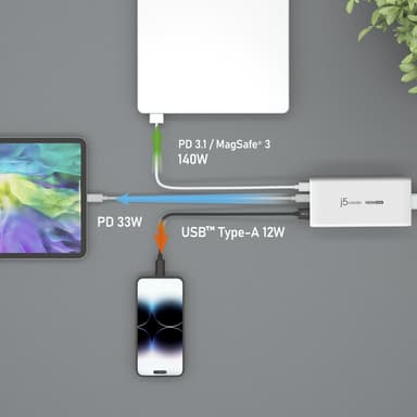 j5create JUP37185W 185W GaN PD 3.1 USB-C® 3-Port Charger-UK, Black view 5