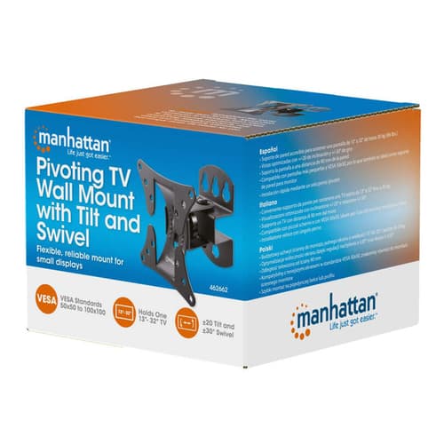 Manhattan Pivoting Wall Mount for TV & Monitors (Tilt and Swivel), For screens 13" to 27", VESA compatibility: all between 75x75mm and 100x100mm - check the dimensions of the four mounting holes on back of screen to ensure it fits, Single Stud Bracket, Max 30kg