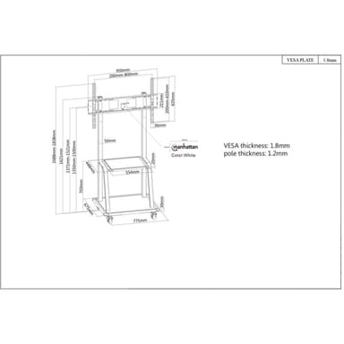 Manhattan Trolley Mount Stand for TV & Monitors, For screens 37" to 100", VESA compatibility: all between 200x200 to 800x600mm - check the dimensions of the four mounting holes on back of screen to ensure it fits, Max 150kg, Black, LFD, Stand, Bracket view 6