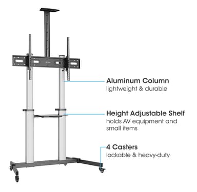 Manhattan Trolley Mount Stand for TV & Monitors, For screens: 37" to 100",VESA compatibility:all between 200x200 to 1000x600mm -check the dimensions of the four mounting holes on back of screen to ensure it fits,Max 80kg,Height adjustable 1200 to 1600mm,LFD,Bracket view 7