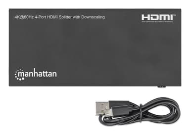 Manhattan HDMI Splitter with downscaling 4-Port , 4K@60Hz, Displays output from x1 HDMI source to x4 HD displays (same output to four displays), Downscale button to adjust a 4K input signal into 1080p, Micro-USB to USB-A power cable included (cable 0.8m), Black view 7
