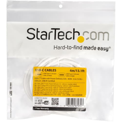StarTech.com USB-C to USB-C Cable w/ 5A PD - M/M - White - 4 m (13 ft.) - USB 2.0 - USB-IF Certified