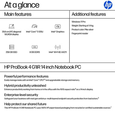 HP ProBook 4 G1iR Intel Core 5 120U Laptop 35.6 cm (14") WUXGA 8 GB DDR5-SDRAM 256 GB SSD Wi-Fi 6E (802.11ax) Windows 11 Pro Silver view 4