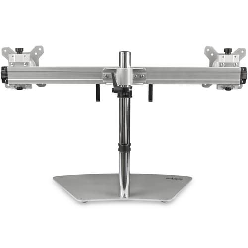 StarTech.com Dual Monitor Stand - Ergonomic Free Standing Dual Monitor Desktop Stand for two 24" (17.6lb/8kg) VESA Mount Displays - Synchronized Height Adjustable - Double Monitor Pole Mount - Silver