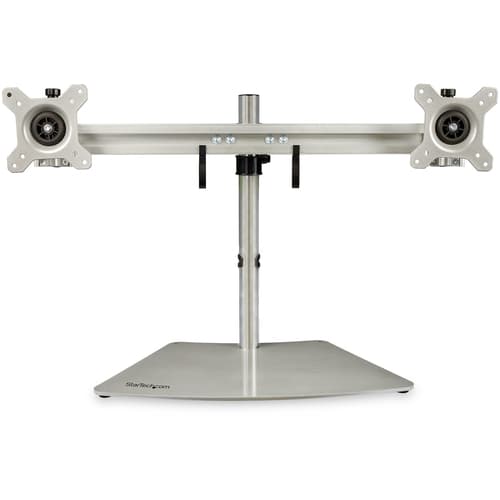 StarTech.com Dual Monitor Stand - Ergonomic Free Standing Dual Monitor Desktop Stand for two 24" (17.6lb/8kg) VESA Mount Displays - Synchronized Height Adjustable - Double Monitor Pole Mount - Silver