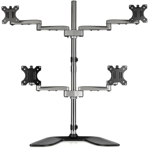 StarTech.com Desktop Quad Monitor Stand - Ergonomic VESA 4 Monitor Arm (2x2) up to 32" (17.6lb/8kg) - Free Standing Articulating Universal Pole Mount - Height Adjustable/Tilt/Swivel/Rotate - Silver
