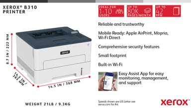 Xerox B310 A4 40ppm Wireless Duplex Printer PS3 PCL5e/6 2 Trays Total 350 Sheets UK view 11