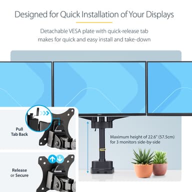 StarTech.com Desk Mount Triple Monitor Arm For Up To Three 27in Screens, VESA 75x75/100x100, Tool-Less Arm Adjustments, C-Clamp/Grommet Mount, Mechanical Spring Arm view 18