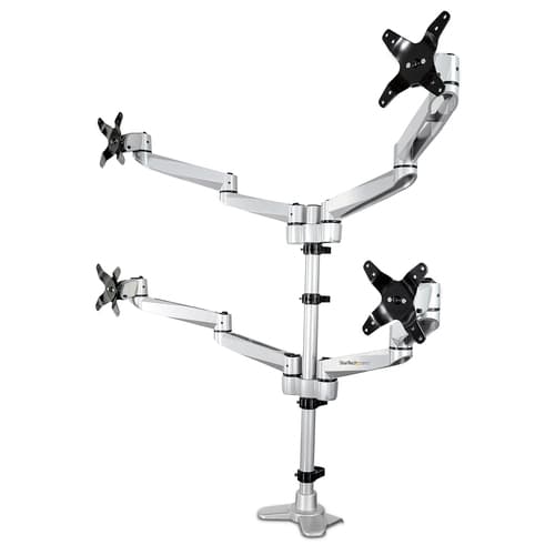 StarTech.com Desk Mount Quad Monitor Arm – Premium Articulating VESA 4 Monitor Mount 2x2 up to 30" (24.8lb/11.3kg) – Ergonomic Height Adjustable Pole Mount - Tilt/Swivel/Rotate - C-Clamp/Grommet - Silver - TAA