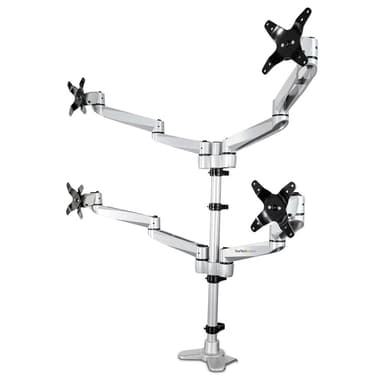 StarTech.com Desk Mount Quad Monitor Arm – Premium Articulating VESA 4 Monitor Mount 2x2 up to 30" (24.8lb/11.3kg) – Ergonomic Height Adjustable Pole Mount - Tilt/Swivel/Rotate - C-Clamp/Grommet - Silver - TAA view 1