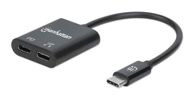 Manhattan USB-C to USB-C Audio Adapter and USB-C (inc Power Delivery), Black, 480 Mbps (USB 2.0), Cable 11cm, With Power Delivery to USB-C Port (60W), Three Year Warranty view 1