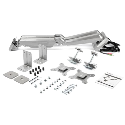 StarTech.com Desk Mount Dual Monitor Arm with USB & Audio, Desk Clamp VESA Mount for up to 32" (17.6lb/8kg) Displays, Ergonomic Full Motion Dual Monitor Arm - Silver