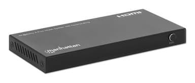 Manhattan HDMI Splitter with downscaling 4-Port , 4K@60Hz, Displays output from x1 HDMI source to x4 HD displays (same output to four displays), Downscale button to adjust a 4K input signal into 1080p, Micro-USB to USB-A power cable included (cable 0.8m), Black view 2