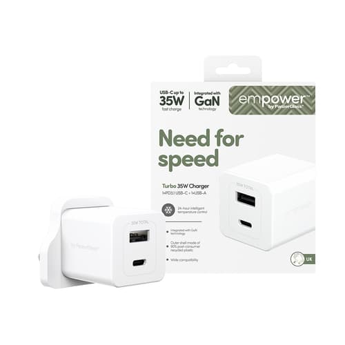 PanzerGlass empower™ by ® Turbo 35W Charger incl. USB-C + USB-A | UK Plug| Silver White