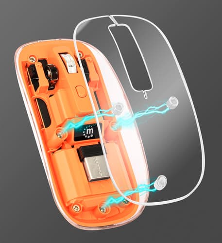 Manhattan Transparent Rechargeable Wireless Mouse, Clear/Orange, Adjustable 800/1200/1600dpi, With RGB LED light, 2.4Ghz (effective range up to 10m), USB, Optical, Ambidextrous, Four Button with Scroll Wheel, Slim Design, USB-A micro receiver, Lithium Ion battery