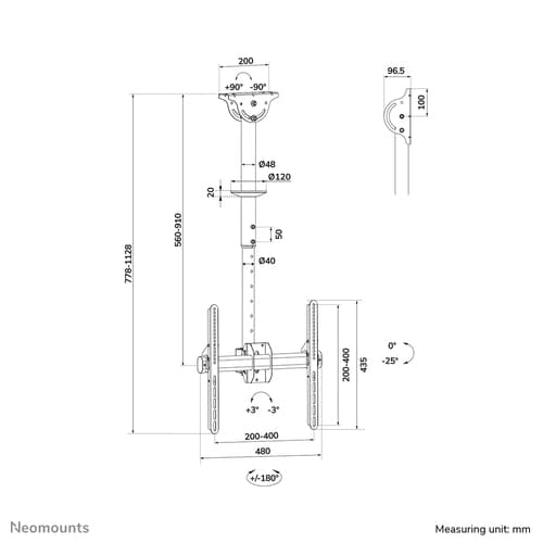 Neomounts NM-C440BLACK Monitor/TV mount ceiling 32-60" - h 56-91 cm