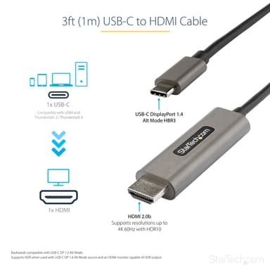 StarTech.com 3.3ft (1m) USB C to HDMI Cable 4K 60Hz w/ HDR10 - Ultra HD USB Type-C to 4K HDMI 2.0b Video Adapter Cable - USB-C to HDMI HDR Monitor/Display Converter - DP 1.4 Alt Mode HBR3 view 7