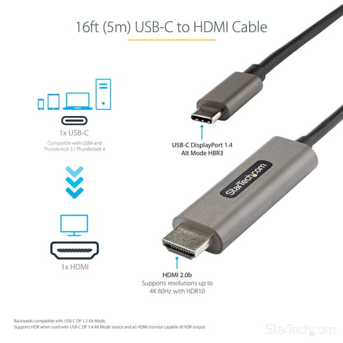 StarTech.com 16.4ft (5m) USB C to HDMI Cable 4K 60Hz w/ HDR10 - Ultra HD USB Type-C to 4K HDMI 2.0b Video Adapter Cable - USB-C to HDMI HDR Monitor/Display Converter - DP 1.4 Alt Mode HBR3