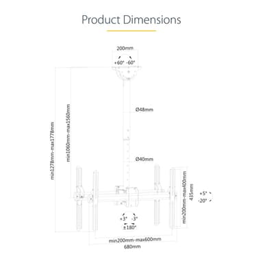 StarTech.com Dual TV Ceiling Mount - Back-to-Back Heavy Duty Hanging Dual Screen Mount with Adjustable Telescopic Pole - Tilt/Swivel/Rotate - VESA Bracket for 32”-75" Displays view 16