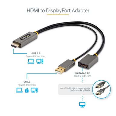StarTech.com 1ft (30cm) HDMI to DisplayPort Adapter Cable, Active 4K 60Hz HDMI 2.0 to DP 1.2 Converter, HDR, USB Bus Powered, HDMI Source to DisplayPort Monitor for Laptops/PC view 8
