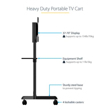 StarTech.com Mobile TV Cart - Portable Rolling TV Stand for 37-70" VESA Display (154lb/70kg) - TV Stand w/Shelf & Storage Compartment - Rotate/Tilt Display - Universal TV Mount on Wheels view 8