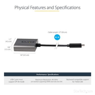 StarTech.com USB C to DVI Adapter - 1920x1200p USB-C to DVI-D Adapter Dongle - USB Type C to DVI Display/Monitor - Video Converter - Thunderbolt 3 Compatible - 12" Long Attached Cable - Upgraded Version of CDP2DVI view 4