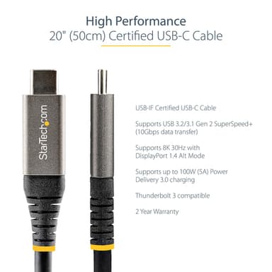 StarTech.com 1.6ft (50cm) USB-C Cable, USB 10Gbps, 100W (5A) Power Delivery, 8K 60Hz / 4K 144Hz DP Alt Mode, Thunderbolt Compatible view 8
