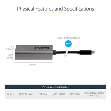 StarTech.com USB C to Mini DisplayPort Adapter - 4K 60Hz USB-C to mDP Adapter Dongle - USB Type-C to Mini DP Monitor - Video Converter - Works w/Thunderbolt 3-12" Long Attached Cable - Upgraded Version of CDP2MDP view 5