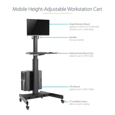 StarTech.com Mobile Workstation Cart with Monitor Mount, CPU/PC Holder, Keyboard Tray - Ergonomic Height Adjustable Desktop Computer Cart - Rolling Mobile Standing Workstation on Wheels view 16
