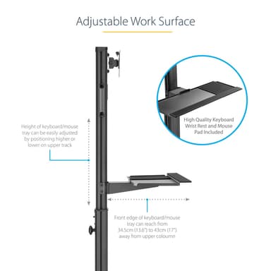 StarTech.com Mobile Workstation Cart with Monitor Mount, CPU/PC Holder, Keyboard Tray - Ergonomic Height Adjustable Desktop Computer Cart - Rolling Mobile Standing Workstation on Wheels view 18