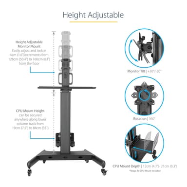 StarTech.com Mobile Workstation Cart with Monitor Mount, CPU/PC Holder, Keyboard Tray - Ergonomic Height Adjustable Desktop Computer Cart - Rolling Mobile Standing Workstation on Wheels view 17