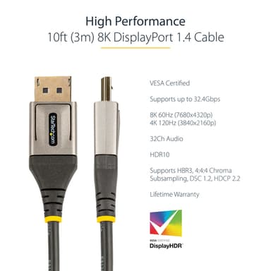 StarTech.com 10ft (3m) VESA Certified DisplayPort 1.4 Cable - 8K 60Hz HDR10 - Ultra HD 4K 120Hz Video - DP 1.4 Cable / Cord - For Monitors/Displays - DisplayPort to DisplayPort Cable - M/M view 6