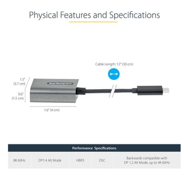 StarTech.com USB C to DisplayPort Adapter - 8K/4K 60Hz USB-C to DisplayPort 1.4 Adapter Dongle - USB Type-C to DP Monitor Video Converter - Works w/Thunderbolt 3 - w/12" Long Attached Cable view 4