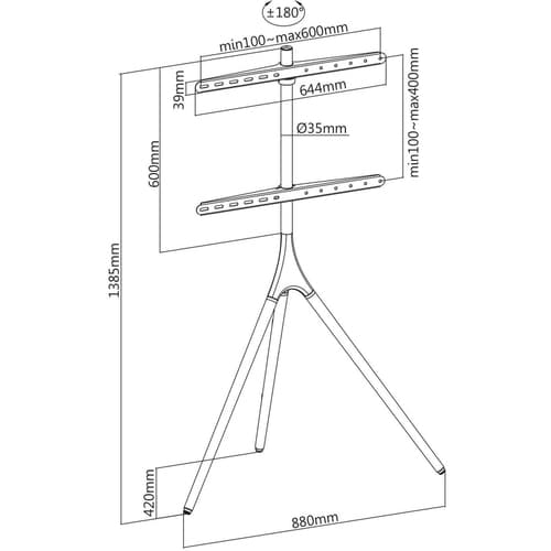 Manhattan Tripod Floor Mount for TV & Monitors, Stand Assembly, For screens: 37" to 65", VESA compatibility: all between 200x200 to 600x400mm - check the dimensions of the four mounting holes on back of screen to ensure it fits, Max 32kg, Black, LFD, Bracket