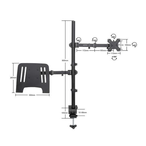 Manhattan Desk Mount for Monitors & Laptop Combo (Full Motion), For screens: 10-27", Laptop up to 17", Clamp Assembly, VESA compatibility: 75x75 and 100x100mm - check the dimensions of the four mounting holes on back of screen to ensure it fits, Max 8kg, Bracket