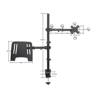 Manhattan Desk Mount for Monitors & Laptop Combo (Full Motion), For screens: 10-27", Laptop up to 17", Clamp Assembly, VESA compatibility: 75x75 and 100x100mm - check the dimensions of the four mounting holes on back of screen to ensure it fits, Max 8kg, Bracket view 11