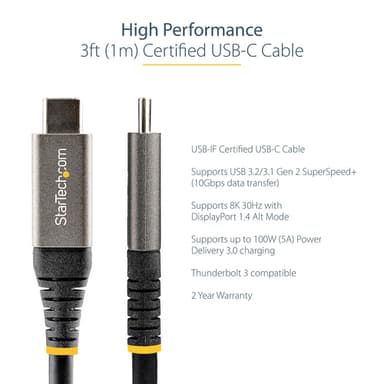 StarTech.com 3ft (1m) USB-C Cable, USB 10Gbps, 100W (5A) Power Delivery, 8K 60Hz / 4K 144Hz DP Alt Mode, USB-IF Certified, Thunderbolt Compatible view 8