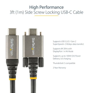 StarTech.com 20in (50cm) USB-C Cable, Side Screw Locking, USB 10Gbps, 100W (5A) Power Delivery, 8K 60Hz / 4K 144Hz DP Alt Mode - Thunderbolt Compatible view 10