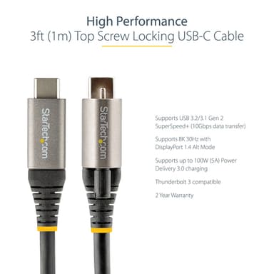 StarTech.com 3ft (1m) USB-C Cable, Top Screw Locking, USB 10Gbps, 100W (5A) Power Delivery, 8K 60Hz / 4K 144Hz DP Alt Mode, USB-IF Certified - Thunderbolt Compatible view 9