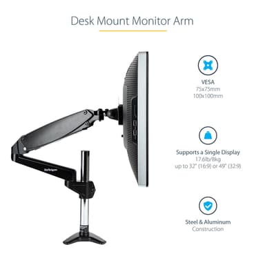 StarTech.com Desk Mount Monitor Arm for Single VESA Display up to 32" or 49" Ultrawide (17.6lb/8kg) - Full Motion Articulating & Height Adjustable - C-Clamp, Grommet - Single Monitor Arm view 14
